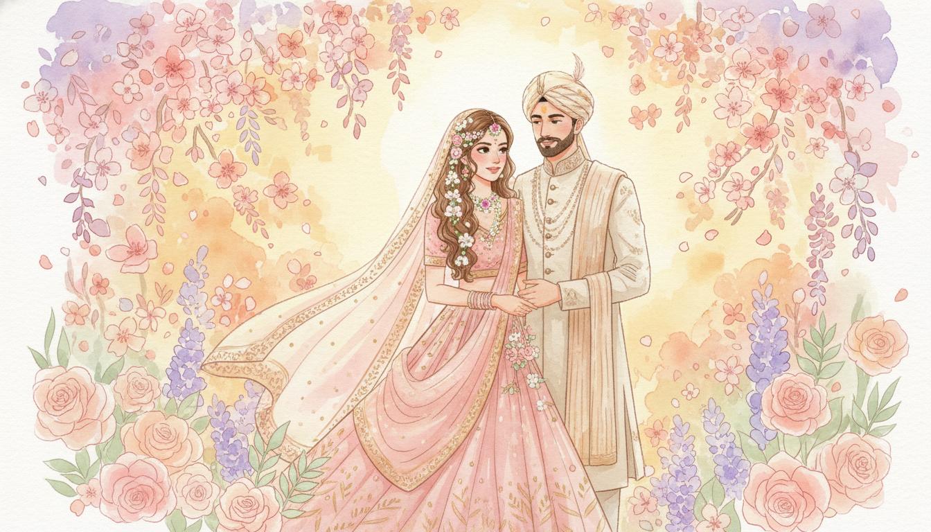 InkTales - Soft watercolor illustration of Indian wedding couple