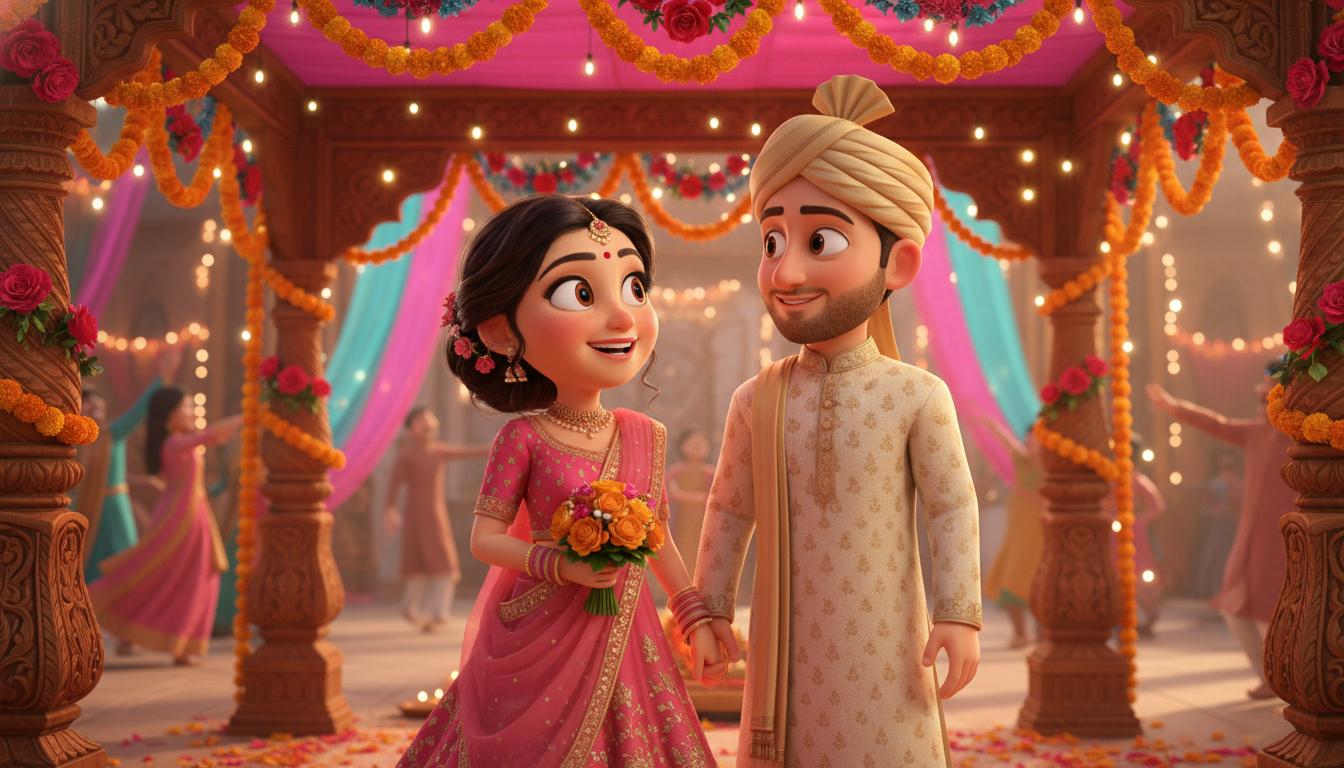 Pixora - 3D cartoon animated Indian wedding couple